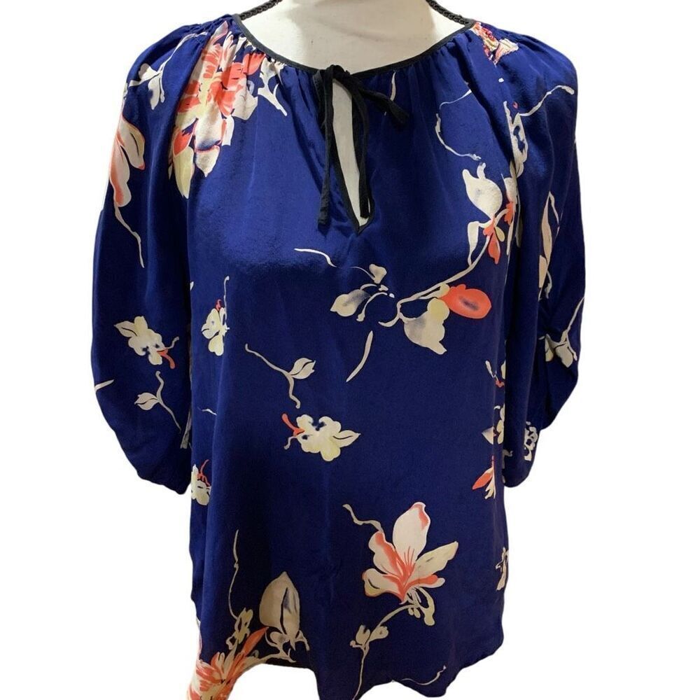 Yumi Kim Silk Blouse Blue Pink Cream Floral Tied‎ Sleeve Tie Front Loose Fit S/M